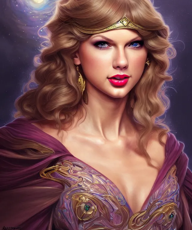 Prompt: Taylor Swift as a fantasy magic woman portrait, sci-fi, amber eyes, face, long hair, fantasy, intricate, elegant, highly detailed, digital painting, artstation, concept art, smooth, sharp focus, illustration, art by artgerm and greg rutkowski and alphonse mucha