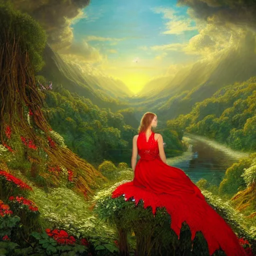 Image similar to an elegant fairy queen in a red lace dress sitting and looking out at a lord of the rings scenery landscape, vast lush valley flowers and giant mushroom structures, river, sunrise, god's rays highly detailed, vivid colour, soft clouds, floral sunset, cinematic lighting, perfect composition, 8 k, gustave dore, derek zabrocki, greg rutkowski, belsinski