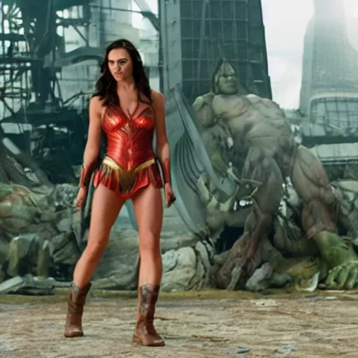 Image similar to movie still of gal gadot as female hulk in the remake of the incredible hulk (2035),