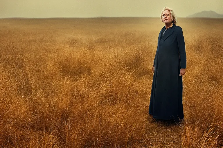 Image similar to a cinematic headshot portrait of a frozen middle aged woman stood in a field, field on fire, ultra realistic, depth, beautiful lighting, by annie leibovitz