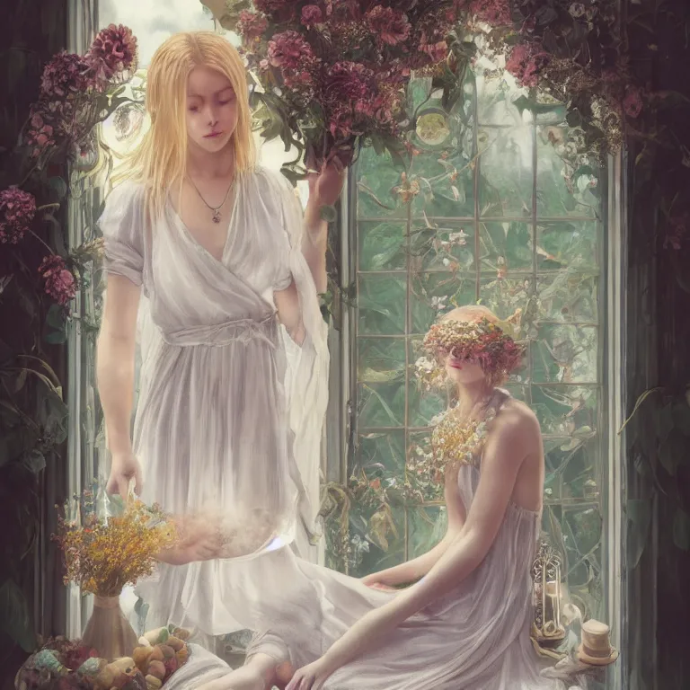 Image similar to a blonde girl in white dress in beautiful window, necklace with a fruit seed ornament, ocean eyes, light freckles, incense smoke and flowers in the background, portrait, mucha, conceptart, medium shot, unreal, octane, symmetrical, photorealism.