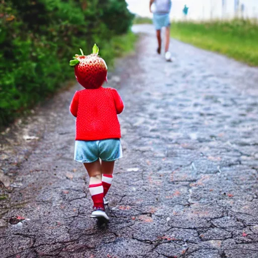 Image similar to a strawberry with cute human legs going for a stroll