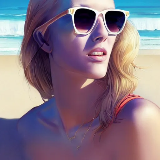 Prompt: a young blonde woman with sunglasses on the beach, by artgerm, by greg rutkowski, by noah bradley, digital avedon