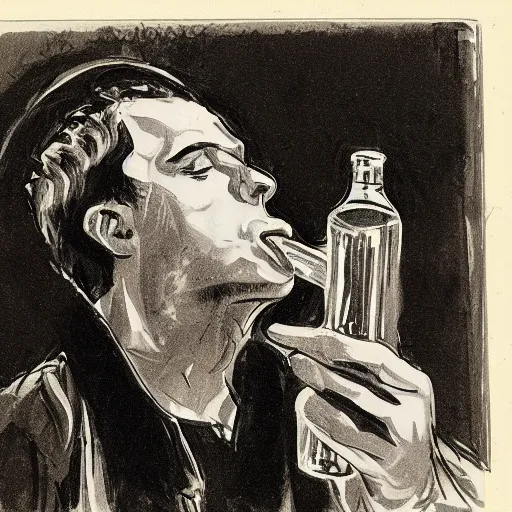 Image similar to sketch of a russian man drinking vodka bottle, detailed