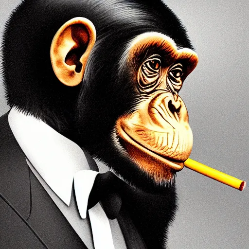 Image similar to a high detail portrait of a chimp wearing a suit 👔,and smoking🚬