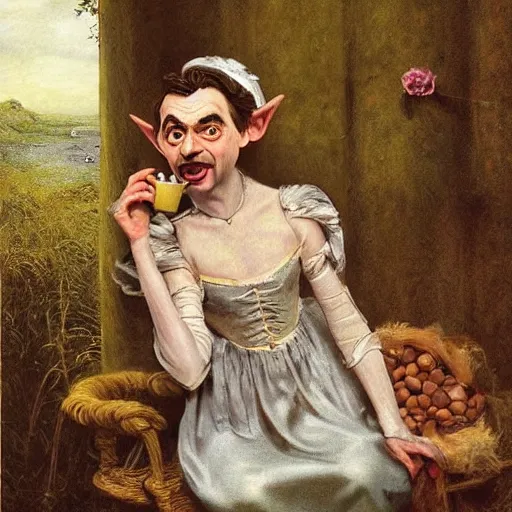 Prompt: 18th century elf princess (Mr. Bean), mouth wide open, is ((drinking a cup of tea)). fantasyconcept art, inspired by John Everett Millais's Ophelia