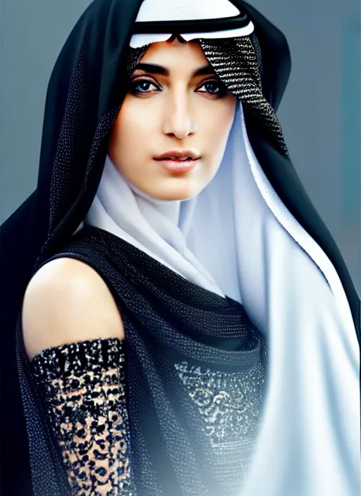 Image similar to arab ameera al taweel, blue eyes, black hair, white veil, in the style of stefan kostic, realistic, sharp focus, 8k high definition, insanely detailed, intricate, elegant, art by stanley lau and artgerm