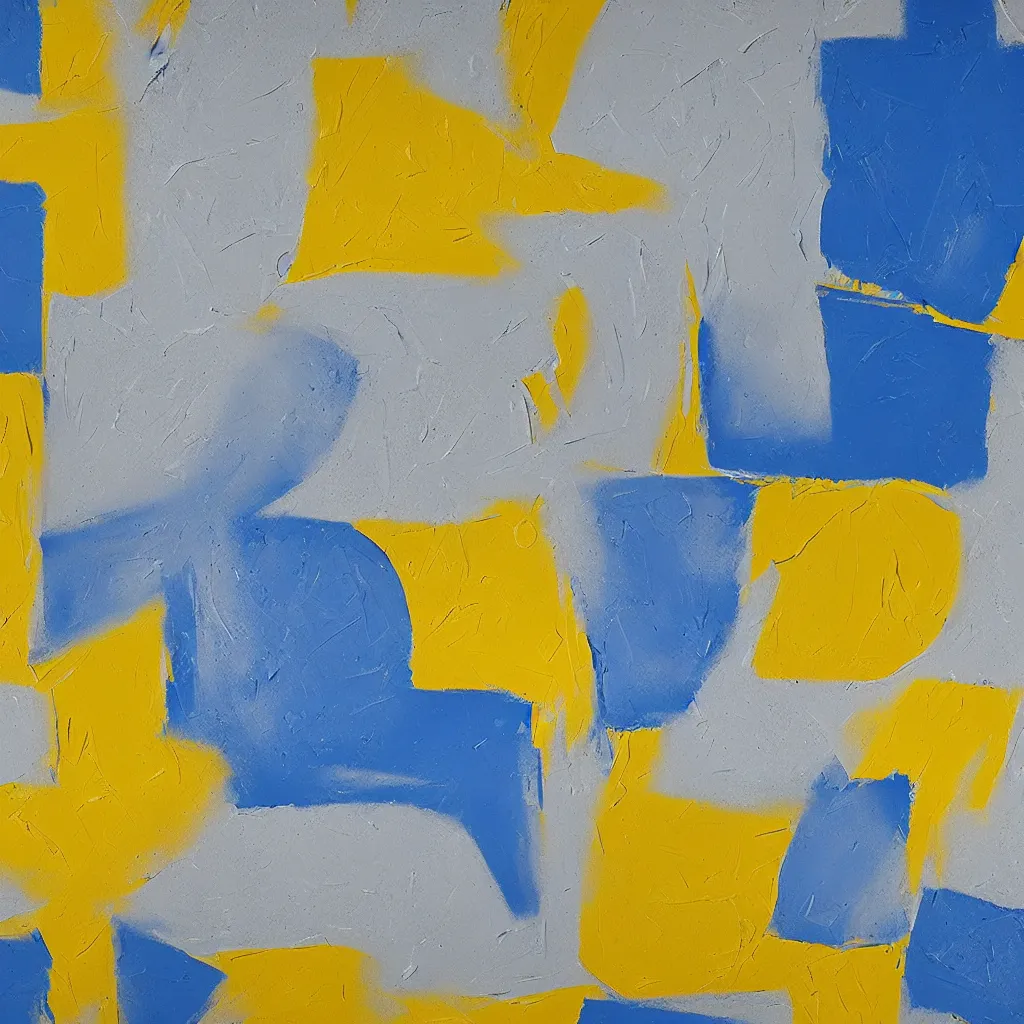 Image similar to 3 dimensional solid large geometric 3 d shapes made of solid impasto oil paint, with strong top right lighting creating shadows, colours cream naples yellow and blue - grey