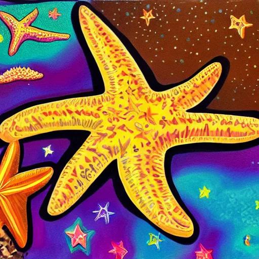 Image similar to a painting of a giant brown starfish with the words c and starfish in big letters. children in a school band playing nearby, playing instruments. realistic. ultra detailed. art by lisa frank