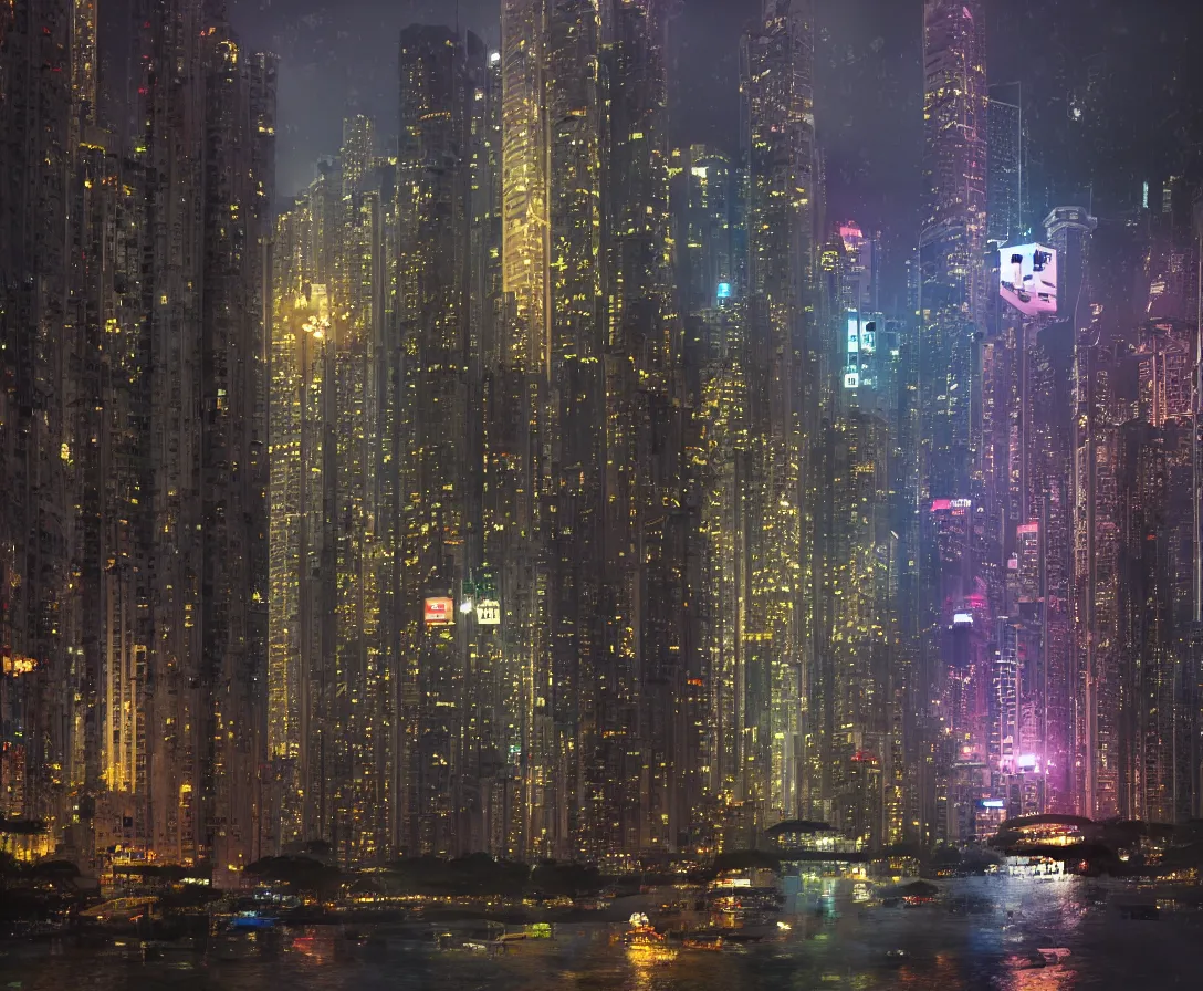 Prompt: hong kong in 2042, night time, rain, surreal atmosphere