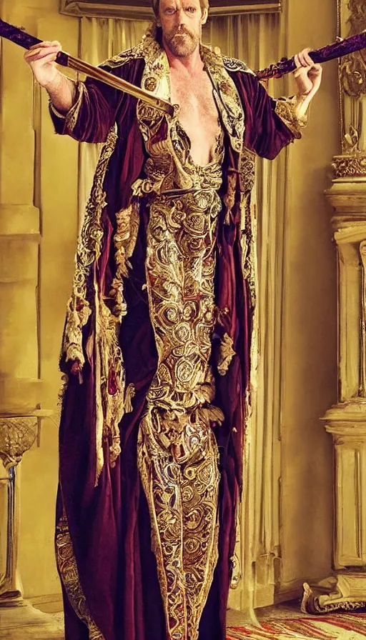 Image similar to hugh laurie as god of love, masculine, sweaty, intricate dressed in an ornate royal loin cloths and robe, and holding his love scepter, hero, intricate, highly - detailed,