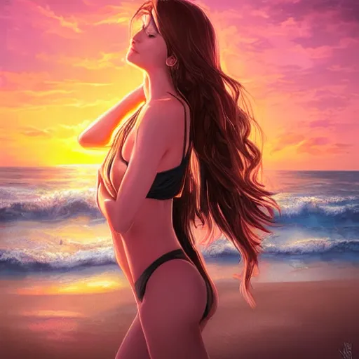 Image similar to portrait of beautiful woman on the beach, brown eyes, vomiting snakes, sunset, highly detailed, by wlop, rossdraws, artgerm.