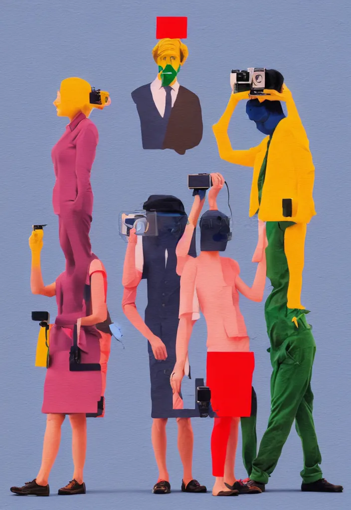 Prompt: full body portrait of a trio of european tourists with nikon cameras, various poses shooting photos, character designs painting, in the style of wes anderson, rene magritte, lola dupre, david hockney, isolated on white background, dark monochrome neon spraypaint accents volumetric octane render