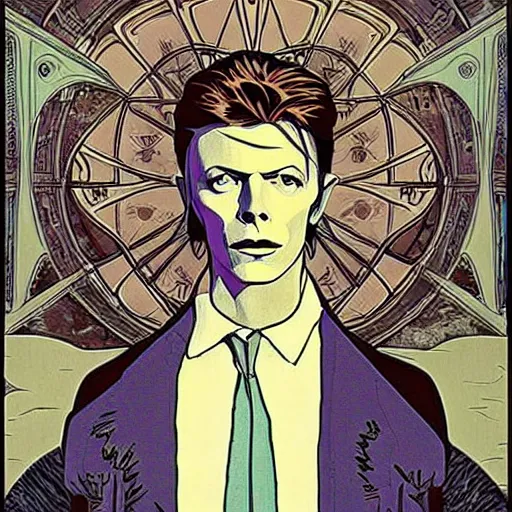 Prompt: david bowie as thomas newton the man who fell to earth, mucha style, art nouveau,