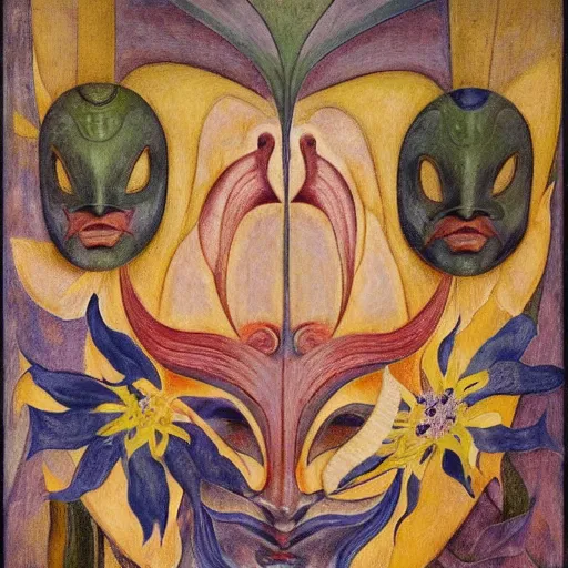 Image similar to painting of a facemask made of flowers, by annie swynnerton and jean delville and edward hopper and evelyn de morgan and rufino tamayo, art deco flower shaman, art brut, outsider art, symbolist, dramatic lighting, god rays, elaborate geometric ornament, clean crisp graphics, smooth sharp focus, extremely detailed, adolf wolfli