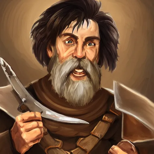 Image similar to dnd character portrait of human male fighter in his 6 0 s eating beef jerky