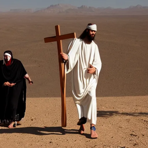 Prompt: paparazzi following around jesus christ while he is carrying a cross in the desert, 8 k photography,