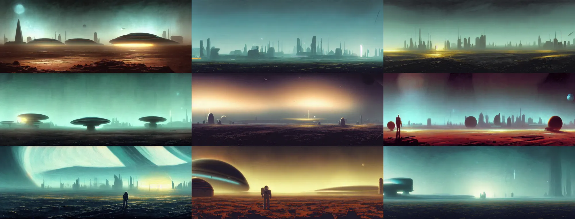 Image similar to a gorgeous bleak and desolate sci - fi painting by john harris, sparth and greg rutkowski. tiffany blue, grey orange, white and golden. space base, beyond the horizon, future city skyline!! light effect. huge saturn. ultra clear detailed. 3 d, octane render. 8 k