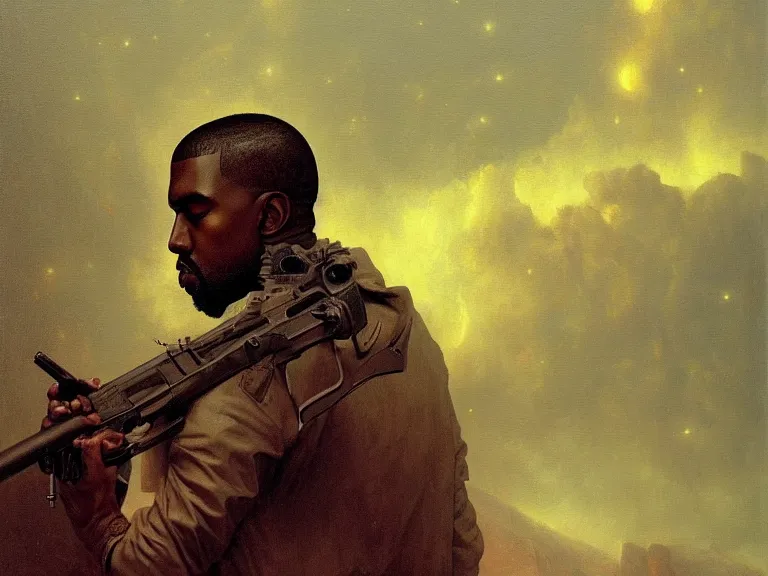 Image similar to a detailed profile oil painting of kanye west holding a gun, aurora lighting clouds and stars by beksinski carl spitzweg and tuomas korpi. intricate artwork by caravaggio. Trending on artstation. 8k