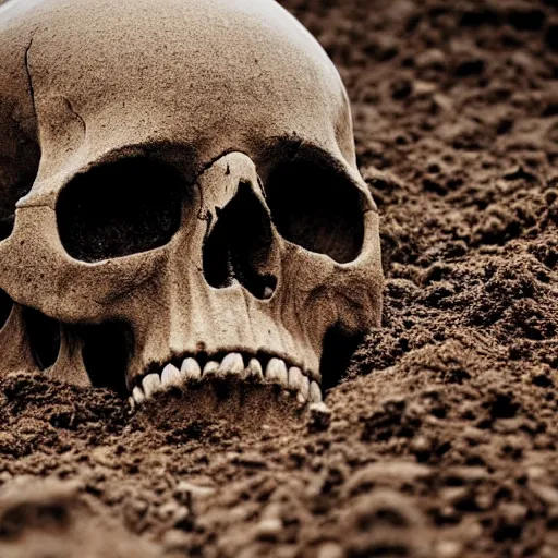 Prompt: a skull made of dirt smashing on the ground