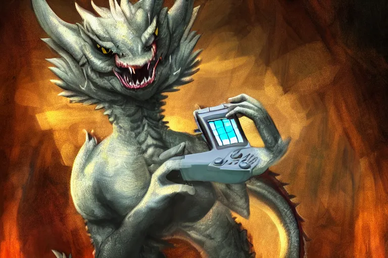 Image similar to an anthropomorphic dragon playing on the gameboy, 4 k, hd, digital art