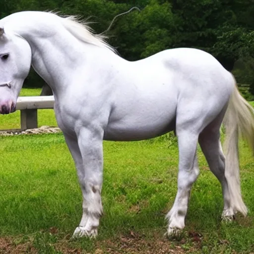 Image similar to a beautiful white realistic horse that is held up by 2 realistic human hands