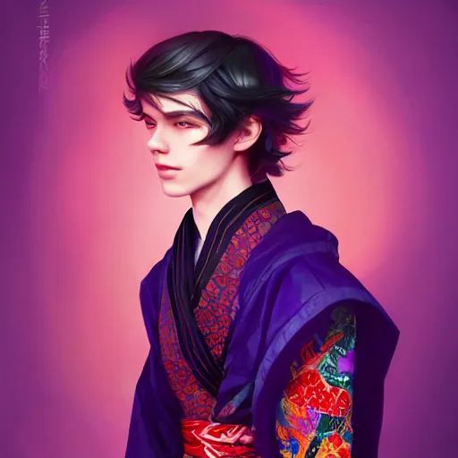 Image similar to colorful and festive captivating teenager boy with straight indigo hair, purple eyes with red eye markers, slim body, wearing a detailed japanese kimono. rich vivid colors, ambient lighting, dynamic lighting, 4 k, atmospheric lighting, painted, intricate, highly detailed by charlie bowater