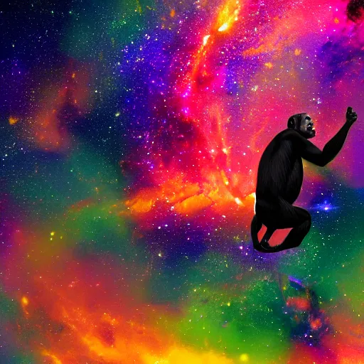 Image similar to a chimpanzee floating through outer space reaching out and touching nebula with it's finger, digital art, 8k