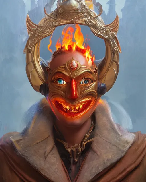 Image similar to happy mask salesman!! from zelda, full body photo, flames everywhere, highly detailed, digital painting, artstation, concept art, smooth, sharp focus, illustration, art by artgerm and greg rutkowski and alphonse mucha