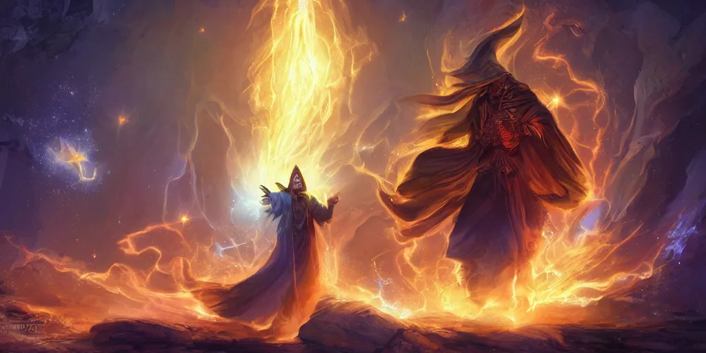 Prompt: wizard in front of magical explosion, cards, cards, 5 2 card pickup, fantasy, digital art, concept art, 8 k