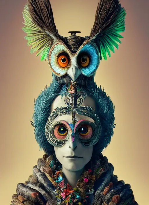 Prompt: an anthropomorphic beautiful goddess male wizard made of owl portrait holding a staff wearing colourful robe, fine art, award winning, intricate, elegant, sharp focus, octane render, hyperrealistic, cinematic lighting, highly detailed, digital painting, 8 k concept art, art by jamie hewlett and z. w. gu, masterpiece, trending on artstation, 8 k