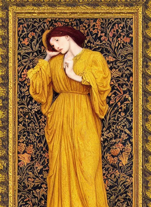 Image similar to preraphaelite full body reclining portrait photography masterpiece, perfectly poised, brown hair fringe, yellow ochre ornate medieval dress, william morris and kilian eng, framed, 4 k