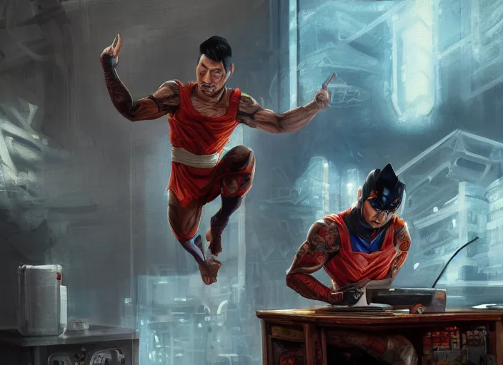 Image similar to an insanely detailed painting of an asian man wearing a homemade superhero costume, sitting at a desk, staring seriously at the computer and typing, in the style of peter mohrbacher, james jean, artgerm, dramatic lighting and composition, surreal background, octane render, pixar, trending on artstation, concept art, comic book, view from behind, 8 k