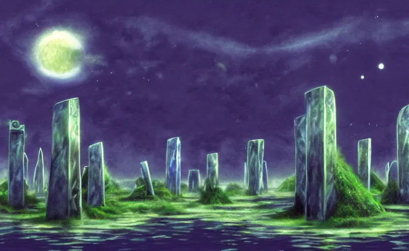 Image similar to a realistic and atmospheric cell - shaded concept art from howl's moving castle ( 2 0 0 4 ) of a futurist sci - fi city that looks like stonehenge in a flooded rainforest. it is a misty starry night. very dull muted colors, hd, 4 k, hq