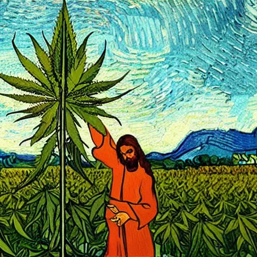 Image similar to jesus spreads his hands against the background of growing cannabis. an oil painting in the style of van gogh