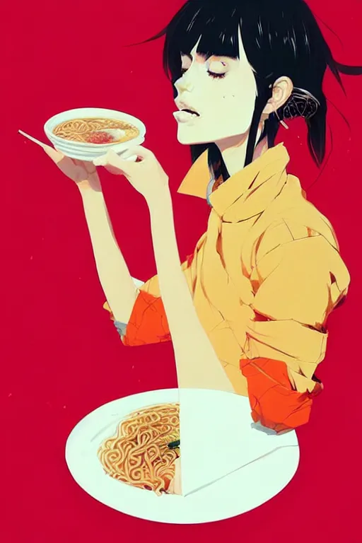 Image similar to a ultradetailed beautiful painting of a stylish woman eating ramen, by conrad roset, greg rutkowski and makoto shinkai trending on artstation