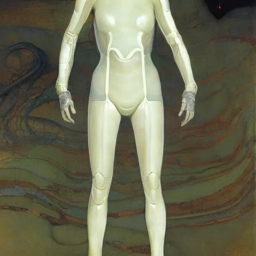 Image similar to masterpiece full body portrait of Ripley with a perfect body, translucent plastic suit, on Dune, by Edgar Maxence and Ross Tran and Michael Whelan and Gustav Klimpt