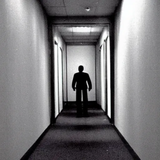 Prompt: a creepy office hallway. a figure at the end of a hallway. craiglist photo. 2 0 0 4