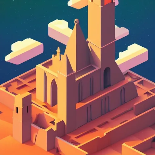 Prompt: isometric art of a cathedral in clouds, kurzgesagt channel, monument valley, 3 d computer generated art, kurzgesagt, isometric, good lighting, vibrant electric colors