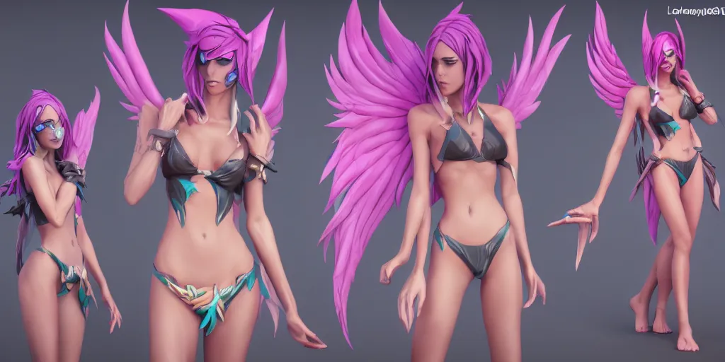 Image similar to Character sheet of gorgeous pool party xayah (League of Legends). 3d octane render trending on artstation