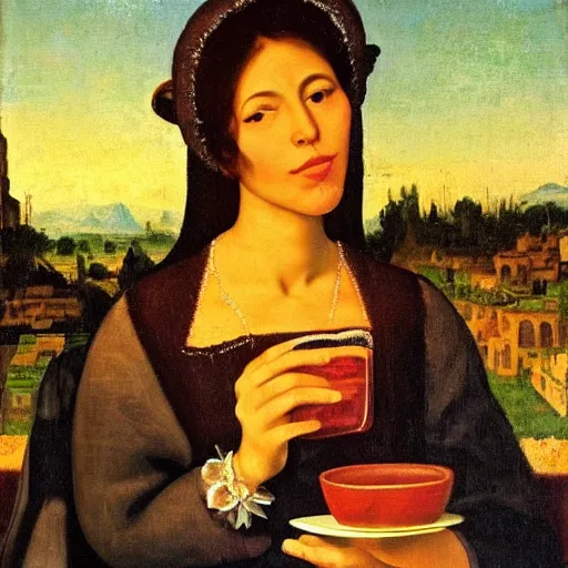 Image similar to A beautiful Jewish-Mexican woman peacefully sips a soda at a café at sunset with a plate of beignets before her, Renaissance oil painting