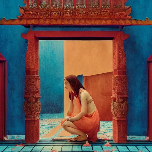 Prompt: a girl lost in a temple, film still by wes anderson, depicted by leon battista alberti, limited color palette, very intricate, art nouveau, highly detailed, lights by hopper, soft pastel colors, minimalist