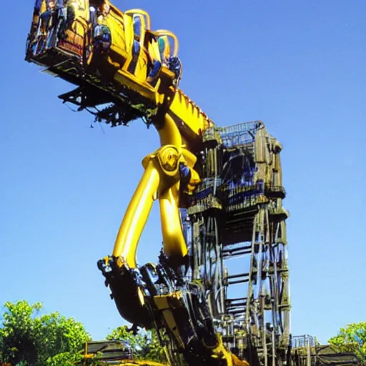 Image similar to stock photo of the theme park ride called “the power loader mech” vertical drop ride by James Cameron