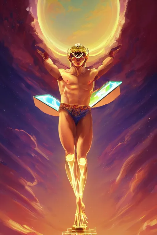 Image similar to highly detailed, dynamic pose, the handsome greek god hermes, wearing winged helmet, giving a glowing laptop computer to humanity, clouds of glowing binary code, digital painting bioluminance alena aenami artworks in 4 k design by lois van baarle by sung choi by john kirby artgerm style pascal blanche and magali villeneuve