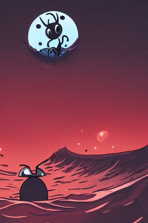 Image similar to creature looking at the sea with a red moon reflecting in the waves, night, low angle, in the style of Hollow Knight