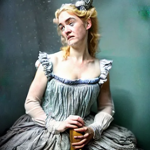 Prompt: A 18th century, messy, silver haired, (((mad))) elf princess (look like ((young Kate Winslet))), dressed in a frilly ((ragged)), wedding dress, is ((drinking a cup of tea)). Everything is underwater! and floating. Greenish blue tones, theatrical, (((underwater lights))), high contrasts, fantasy water color, inspired by John Everett Millais's Ophelia