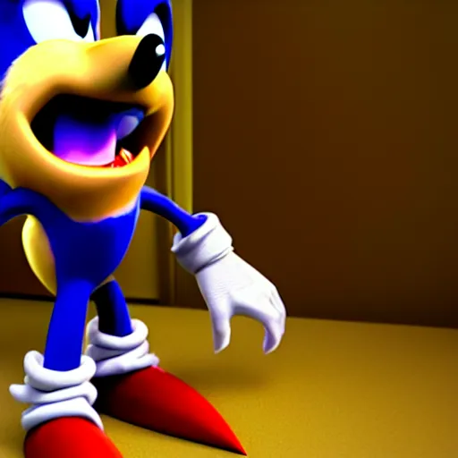 Prompt: a terrifying CInema4D raytrace render of sonic the hedgehog, teeth fangs horror creepypasta