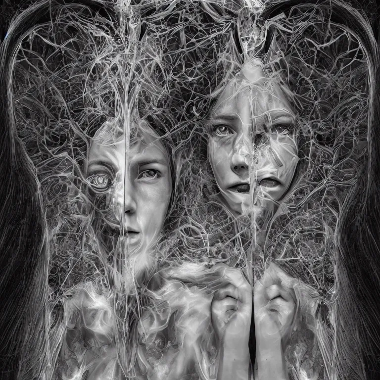 Image similar to An epic photo illustration of female symmetrical portrait by Michael Sydney Moore, Alex Grey, Irakli Nadar, hyper detailed, 50mm, award winning photography