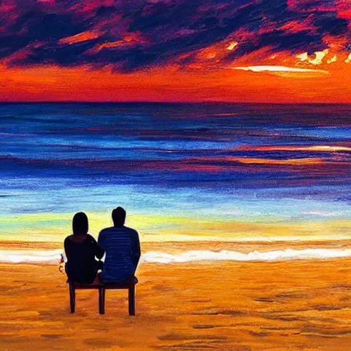 Prompt: Sunset at the beach, golden hour, majestic painting, couple sitting facing the sunset, holding hands