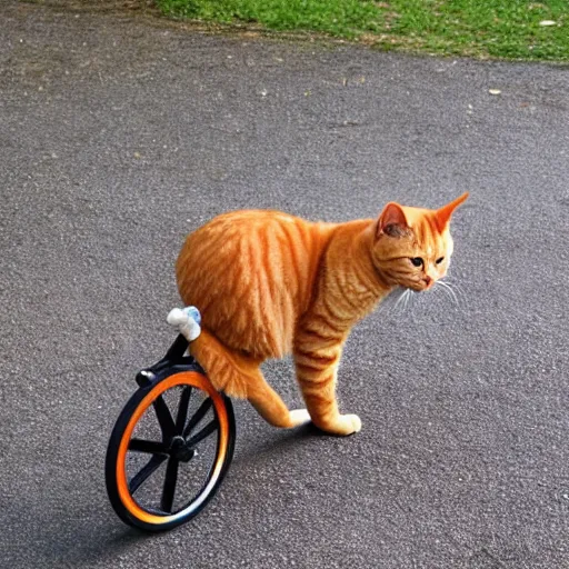 Image similar to orange tabby cat riding a unicycle